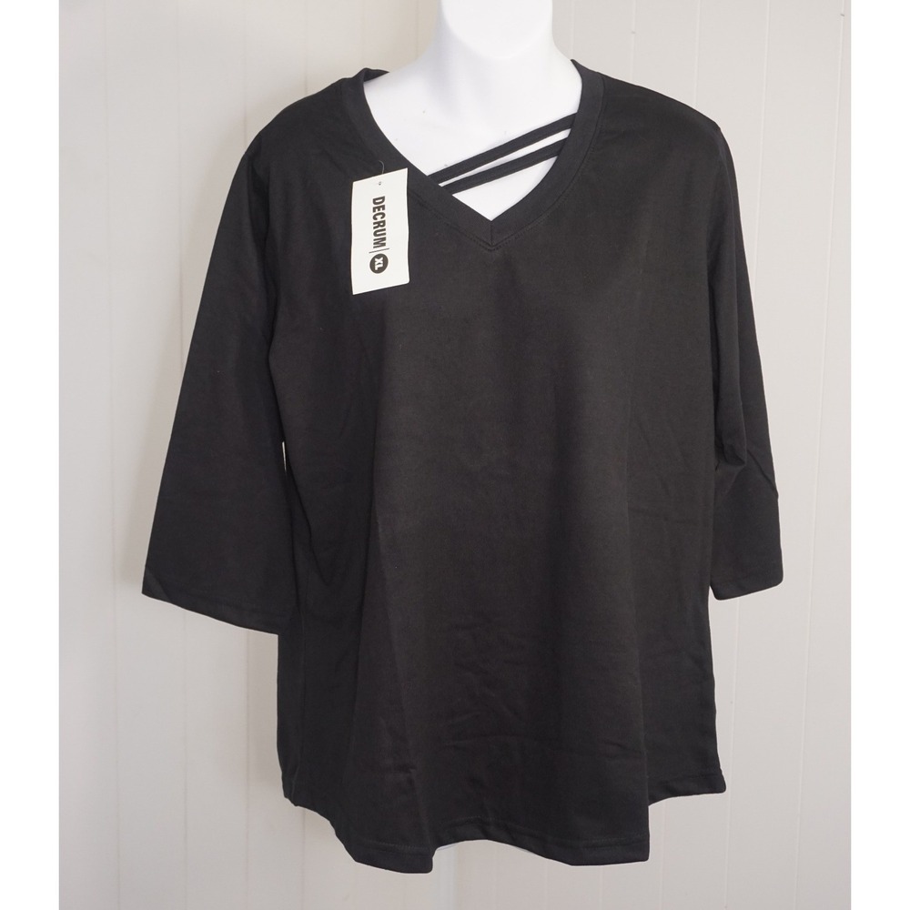 Decrum XL Black Cotton Blend Strappy V-Neck 3/4 Sleeve Top